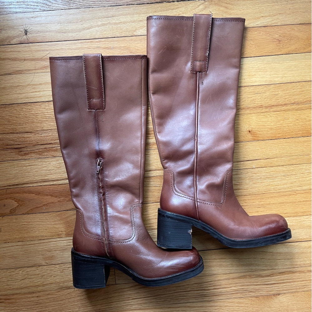 Zara Brown Leather Knee High Block Heel Boots EU 39 US 8
